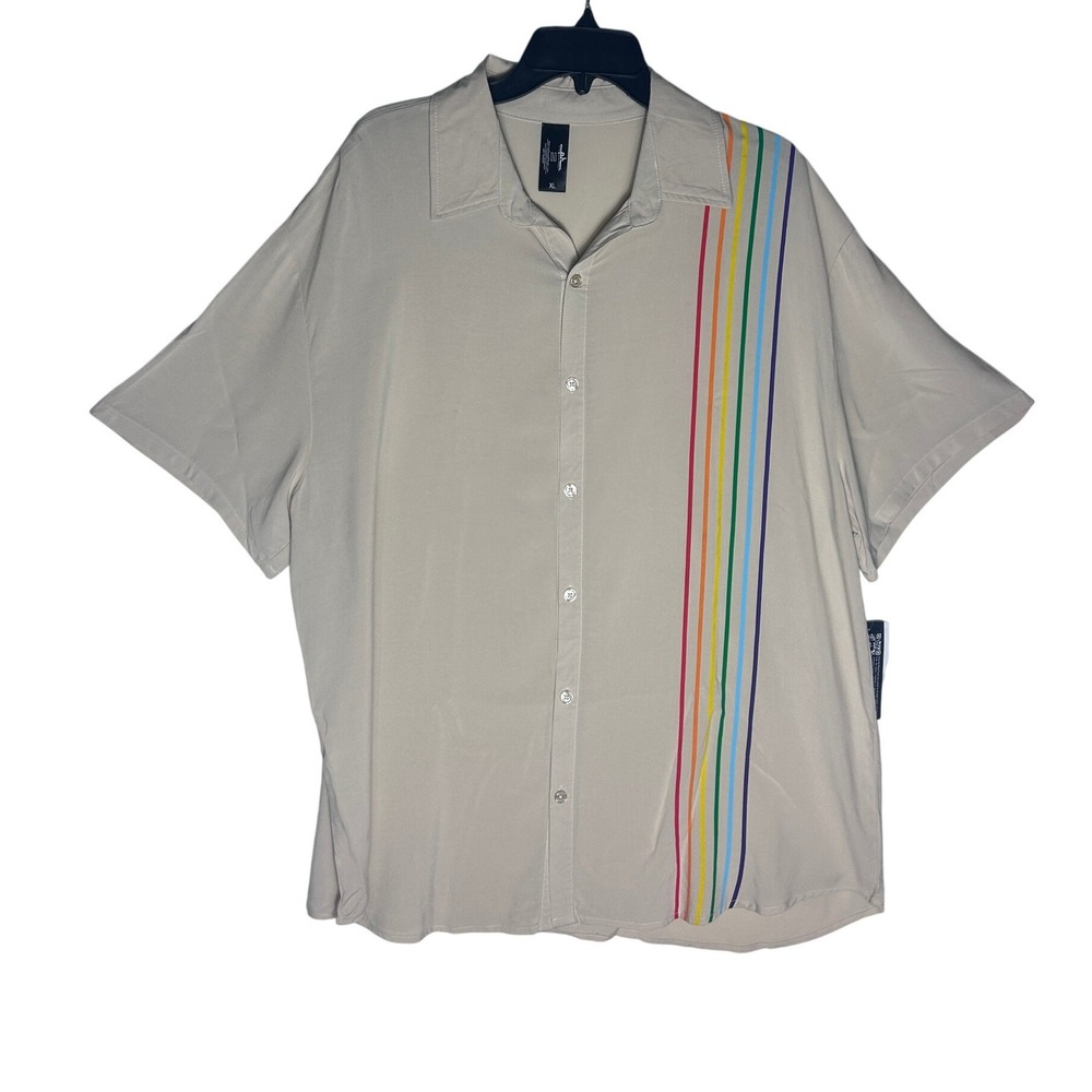 The Phluid Project Mens XL Oatmeal Rainbow Stripe Rayon Button Down Shirt New
